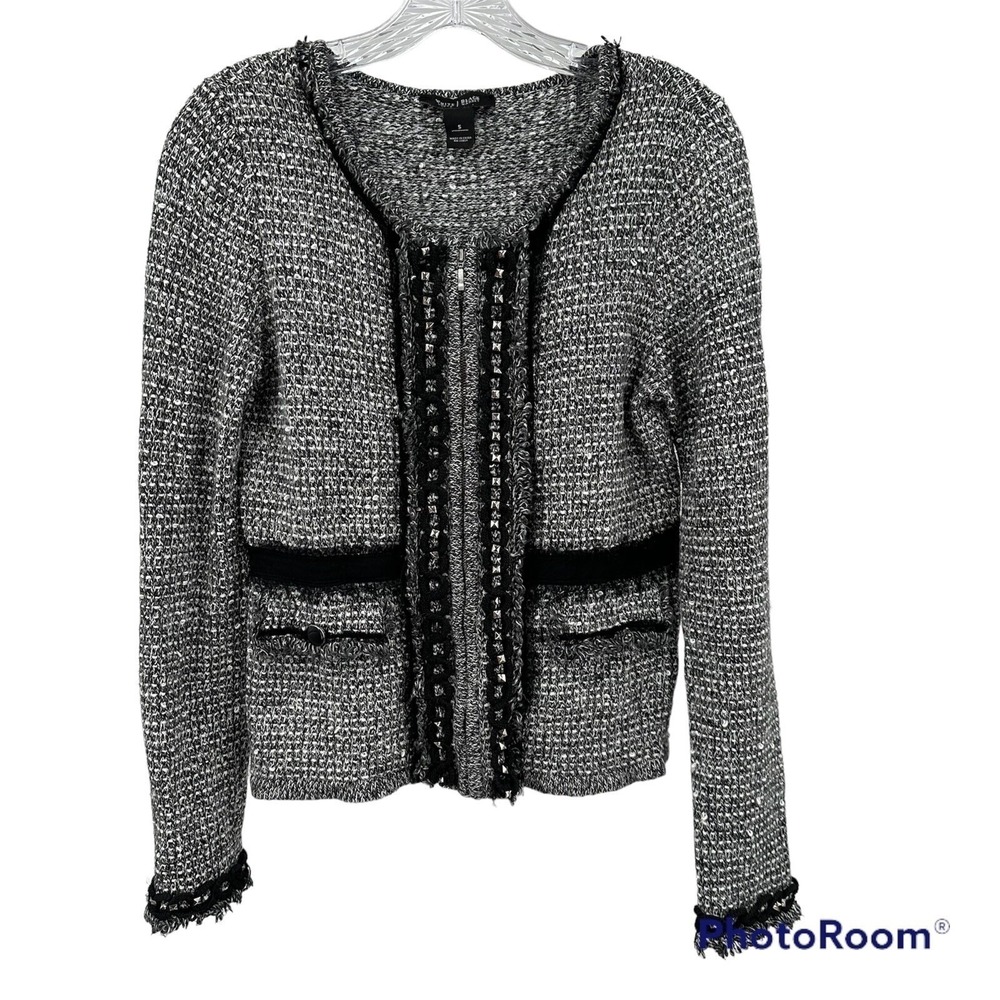 White House Black Market Small Tweed Cardigan Studded Zip Jacket Black White